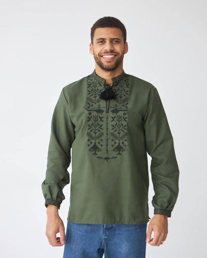 Men’s Ukrainian Vyshyvanka in Military Style – Khaki with Black Embroidery