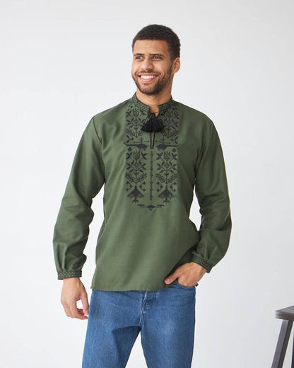 Men’s Ukrainian Vyshyvanka in Military Style – Khaki with Black Embroidery