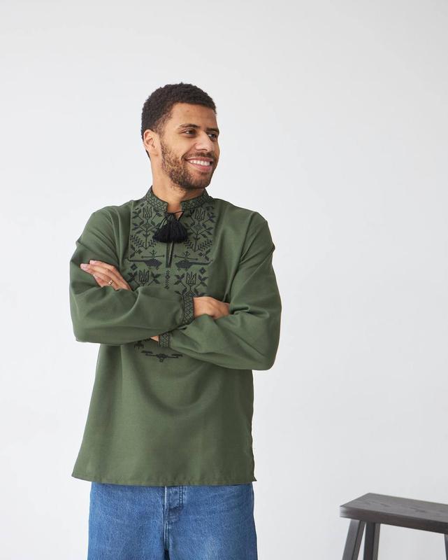 men’s ukrainian vyshyvanka in military style – khaki with black embroidery