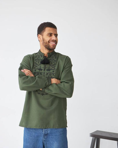 Men’s Ukrainian Vyshyvanka in Military Style – Khaki with Black Embroidery