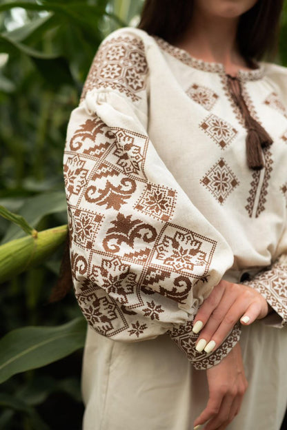 Women’s Beige Linen Vyshyvanka Blouse with Brown Embroidery