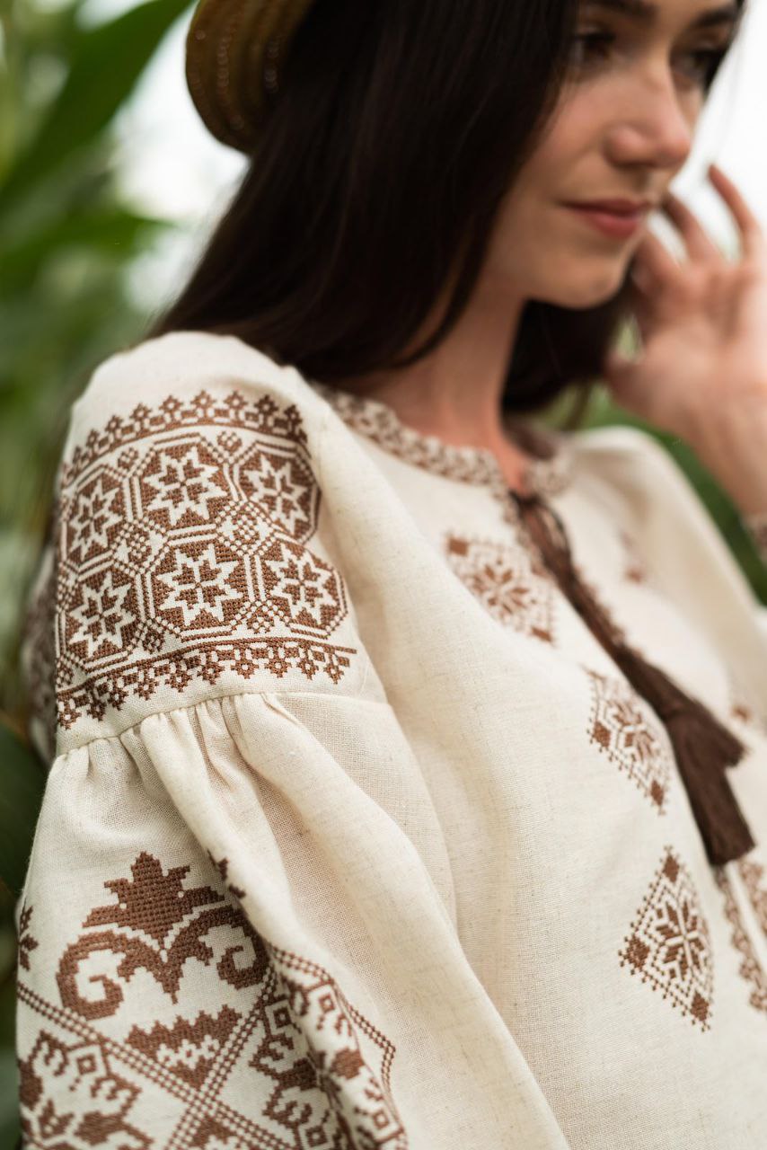 women’s beige linen vyshyvanka blouse with brown embroidery