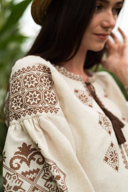 Women’s Beige Linen Vyshyvanka Blouse with Brown Embroidery