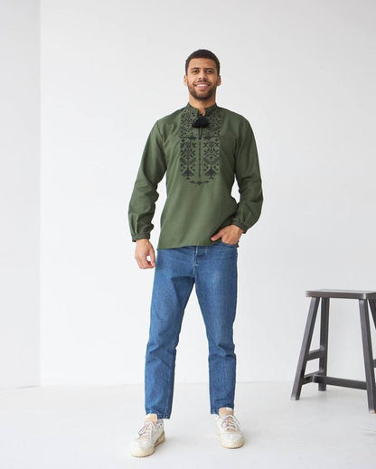Men’s Ukrainian Vyshyvanka in Military Style – Khaki with Black Embroidery