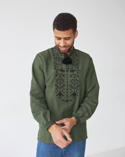 Men’s Ukrainian Vyshyvanka in Military Style – Khaki with Black Embroidery
