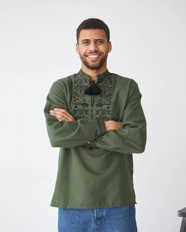 men’s ukrainian vyshyvanka in military style – khaki with black embroidery