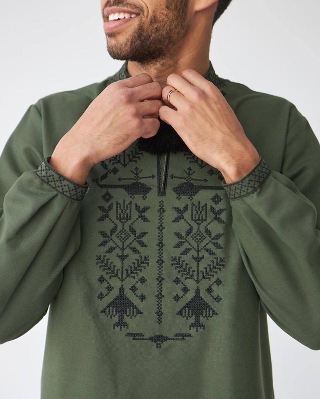 men’s ukrainian vyshyvanka in military style – khaki with black embroidery
