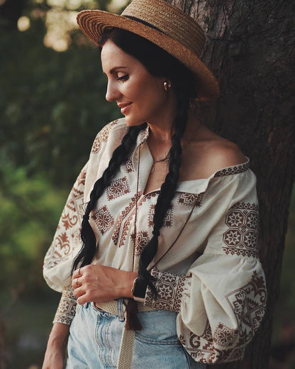 Women’s Beige Linen Vyshyvanka Blouse with Brown Embroidery