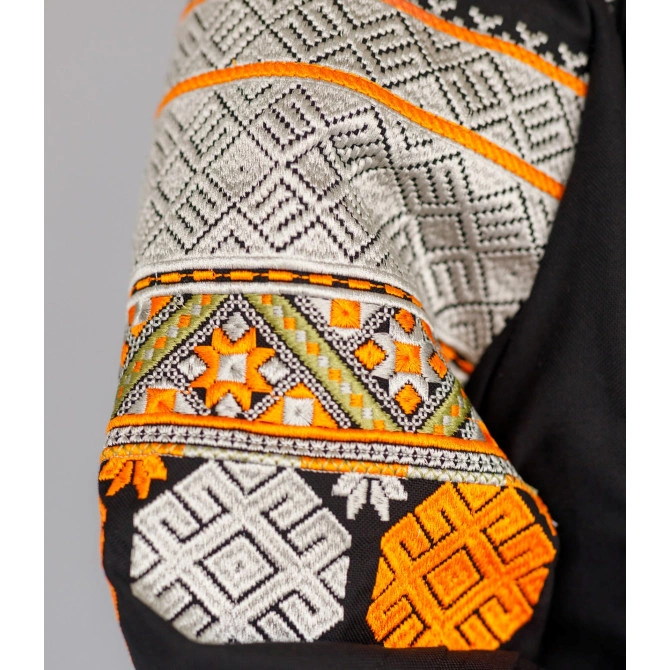 black linen ukrainian blouse with geometric embroidery