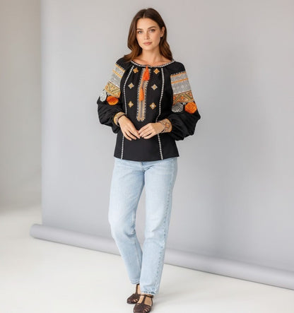 Black Linen Ukrainian Blouse with Geometric Embroidery
