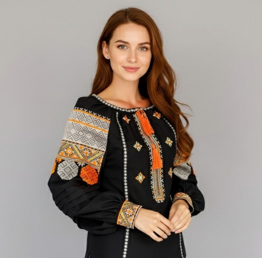 black linen ukrainian blouse with geometric embroidery