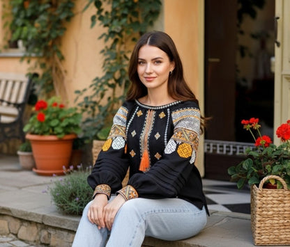 Black Linen Ukrainian Blouse with Geometric Embroidery
