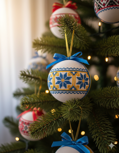 Set of Christmas ornaments in Ukrainian style. Handmade