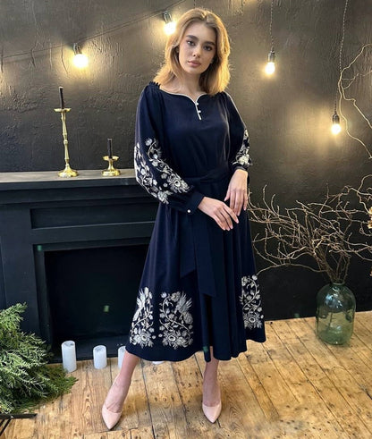 Elegant Ukrainian Embroidered Linen Dress