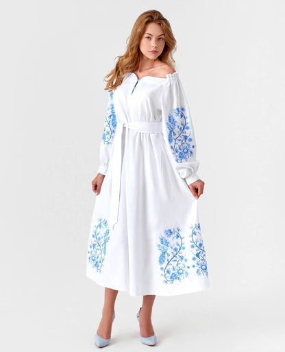 Elegant Ukrainian Embroidered Linen Dress