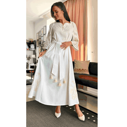 Elegant Ukrainian Embroidered Linen Dress