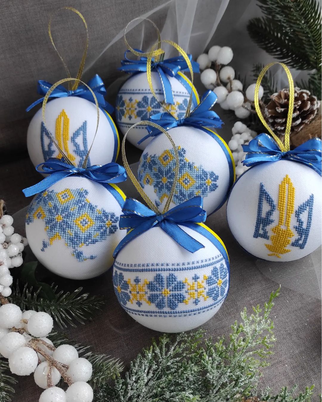 set of christmas ornaments in ukrainian style. handmade