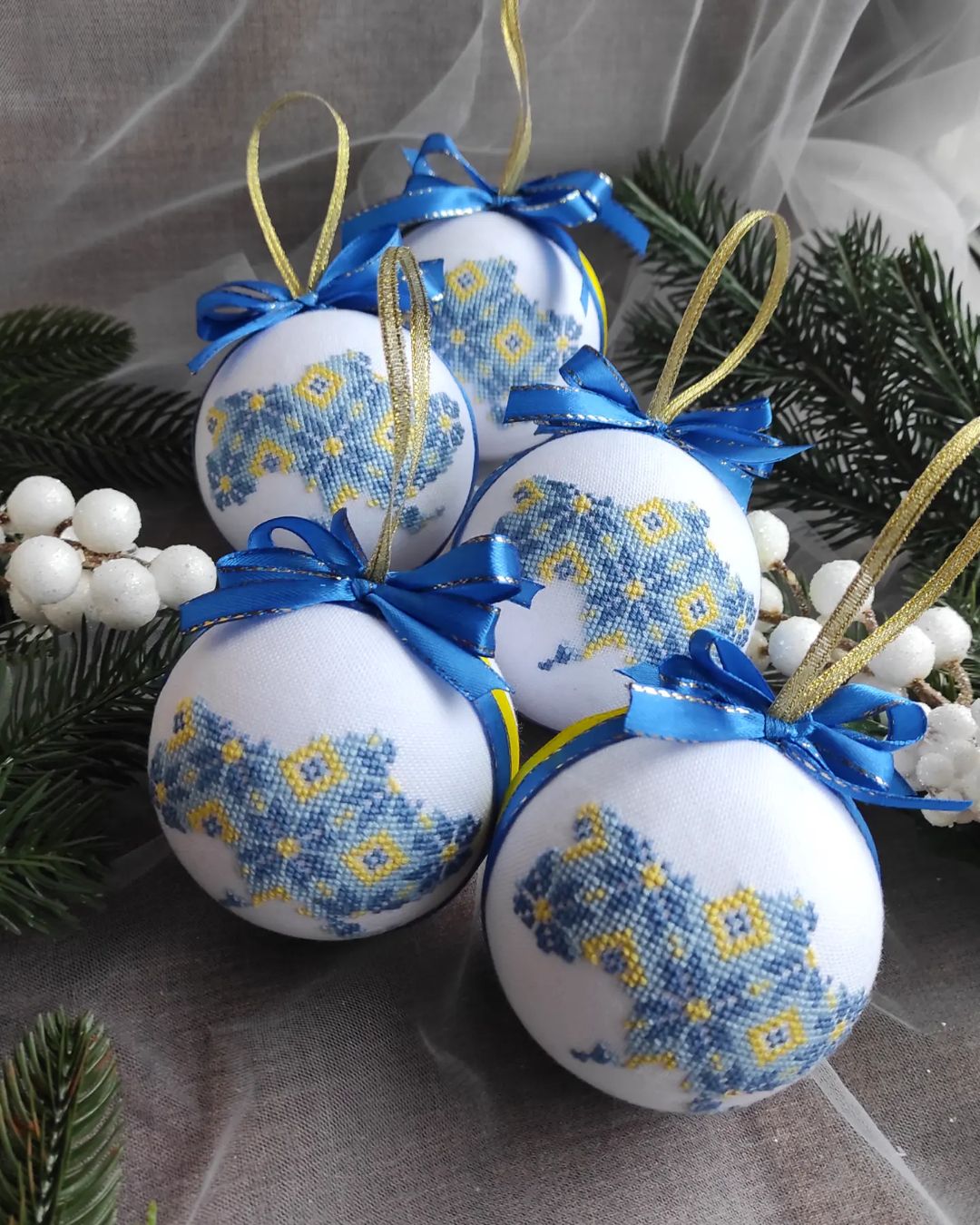 set of christmas ornaments in ukrainian style. handmade