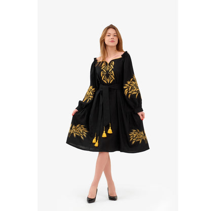 Linen dress with embroidered wheat ears