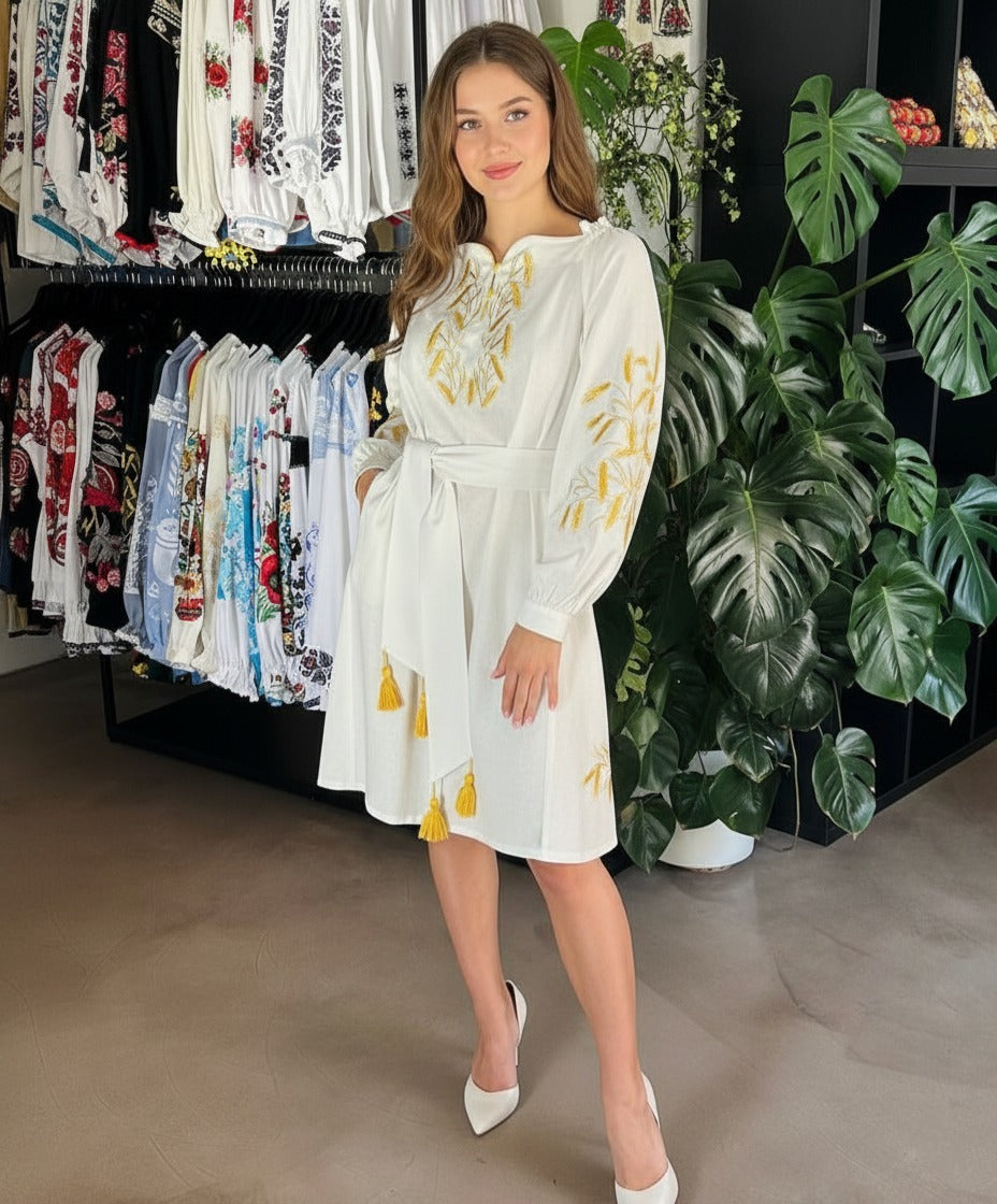 linen dress with embroidered wheat ears