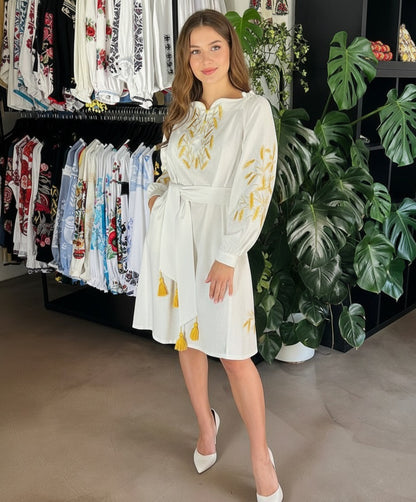 Linen dress with embroidered wheat ears