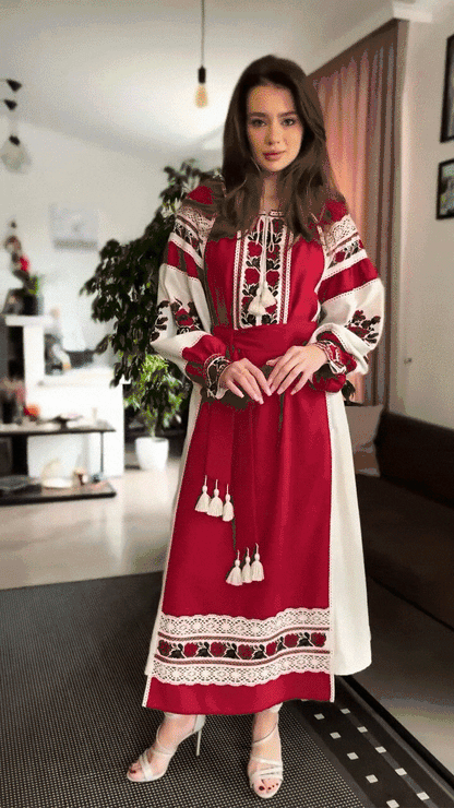 Ukrainian Linen Dress with Embroidery and Lace