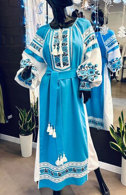 Ukrainian Linen Dress with Embroidery and Lace
