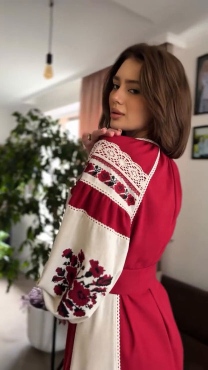 Ukrainian Linen Dress with Embroidery and Lace