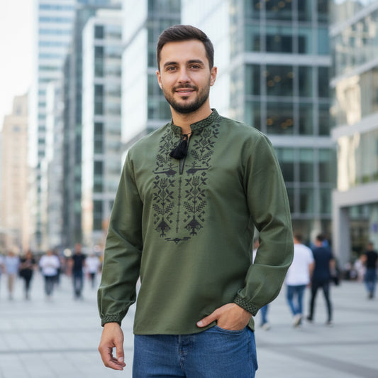 Men’s Ukrainian Vyshyvanka in Military Style – Khaki with Black Embroidery