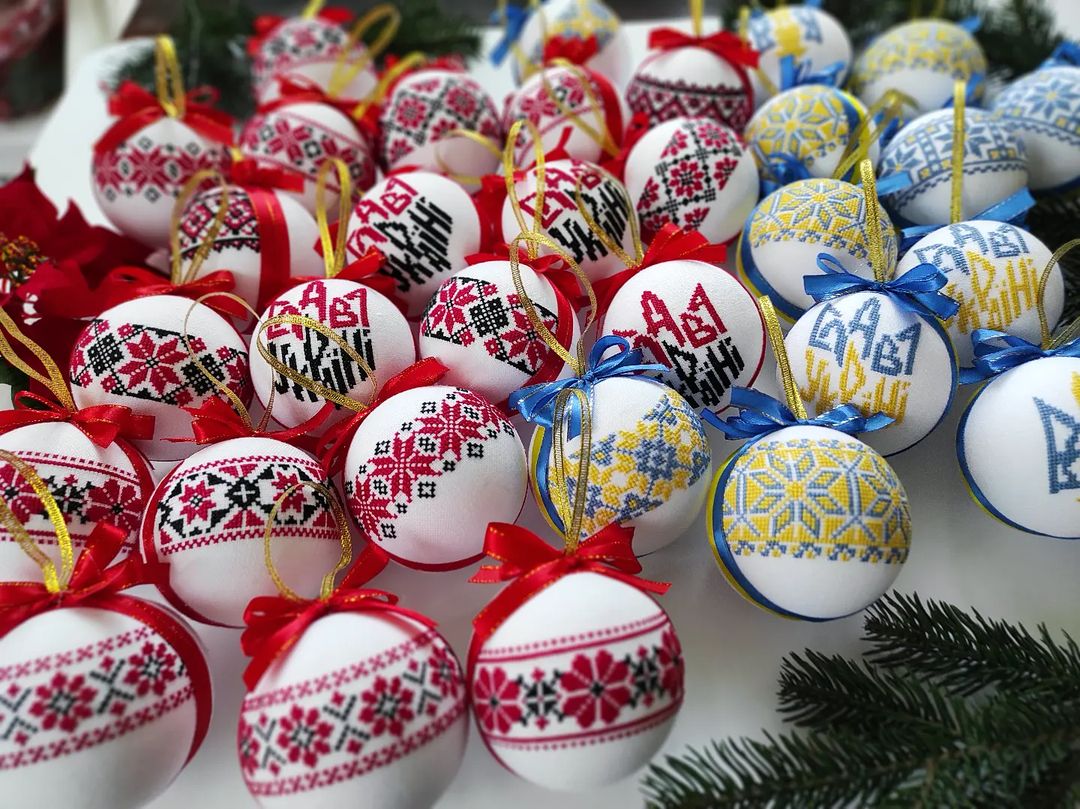 set of christmas ornaments in ukrainian style. handmade