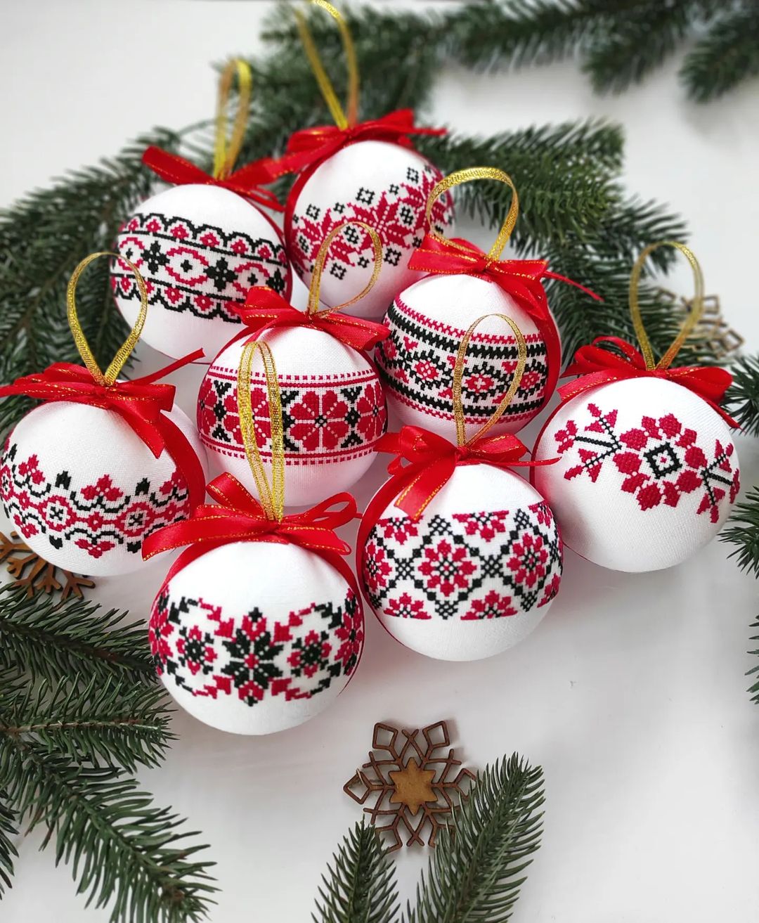 set of christmas ornaments in ukrainian style. handmade