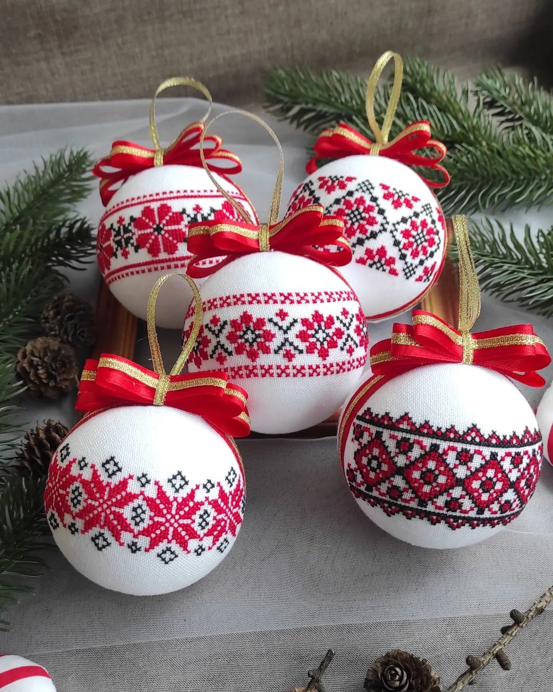 set of christmas ornaments in ukrainian style. handmade