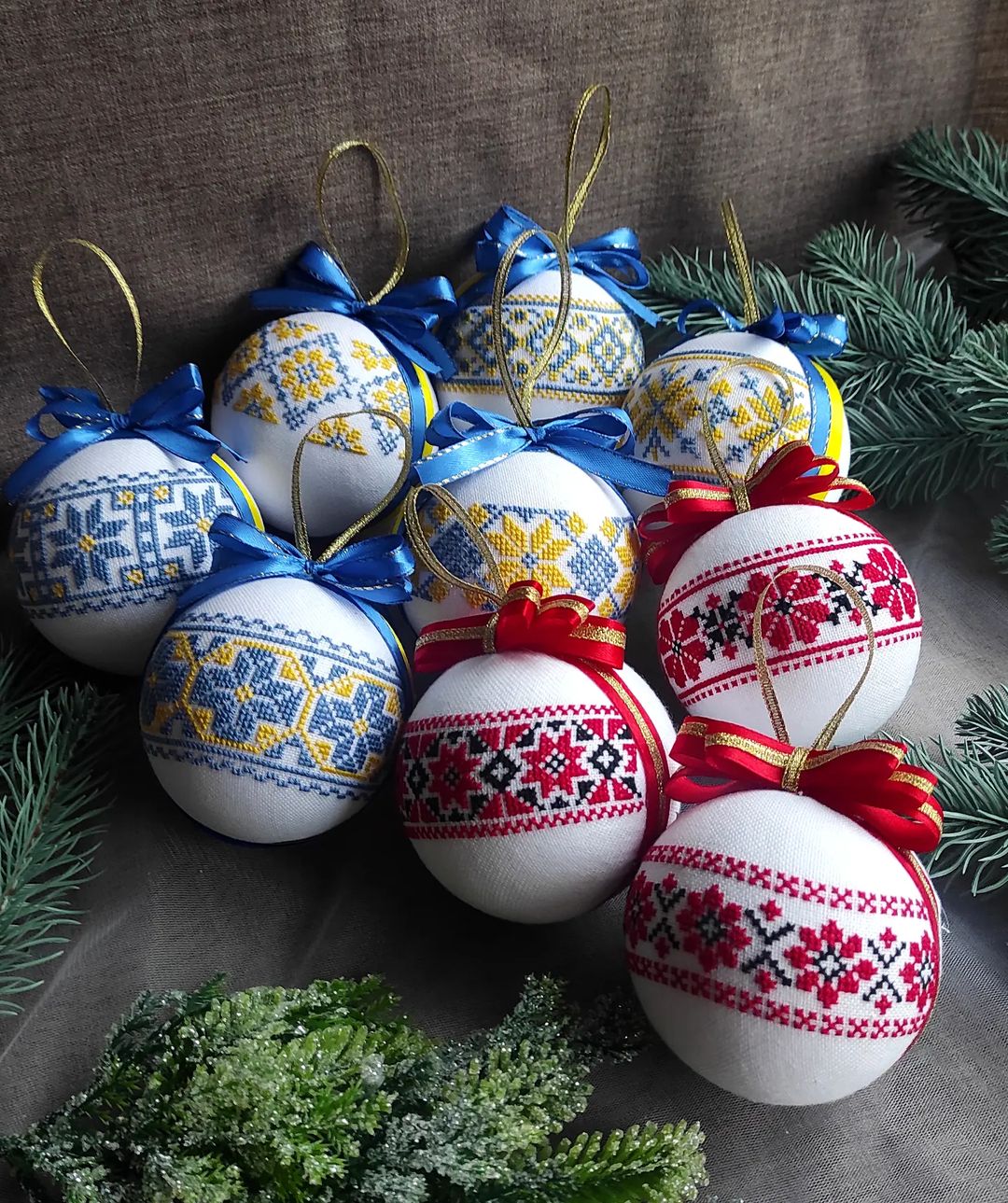 set of christmas ornaments in ukrainian style. handmade