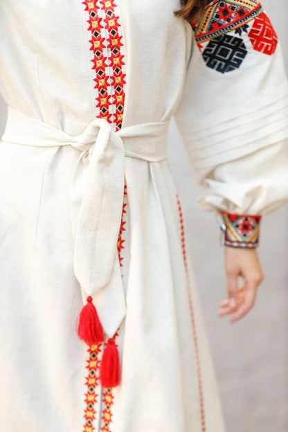 Traditional Linen Vyshyvanka Dress with Front Snap Buttons