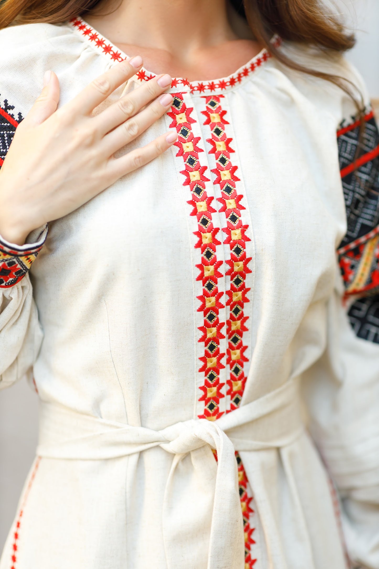 traditional linen vyshyvanka dress with front snap buttons