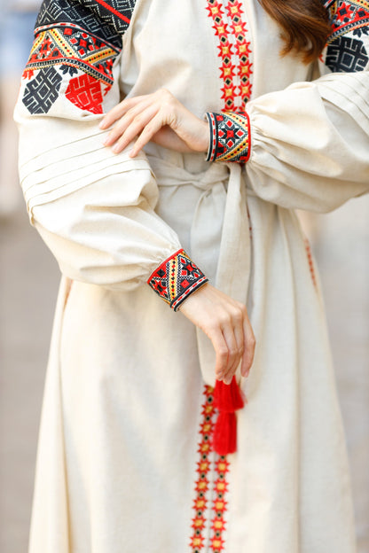 Traditional Linen Vyshyvanka Dress with Front Snap Buttons