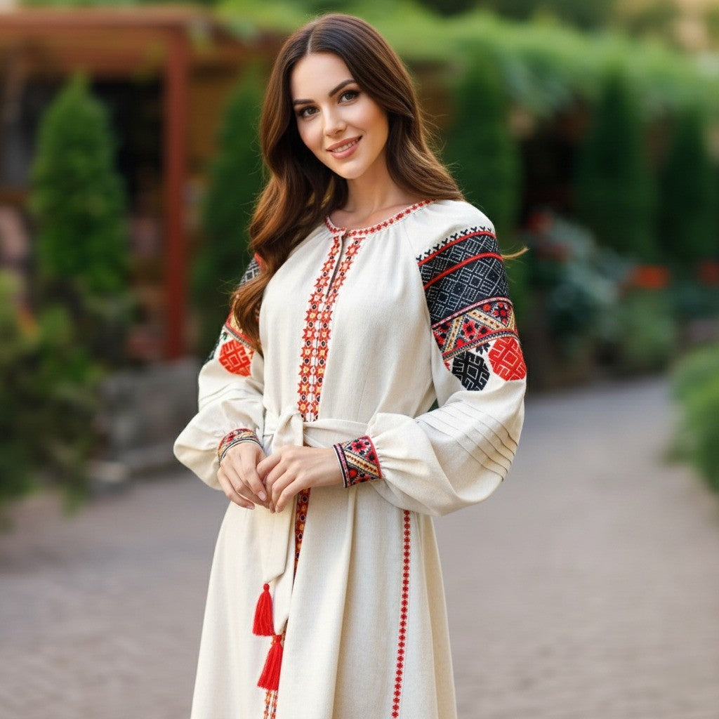 traditional linen vyshyvanka dress with front snap buttons