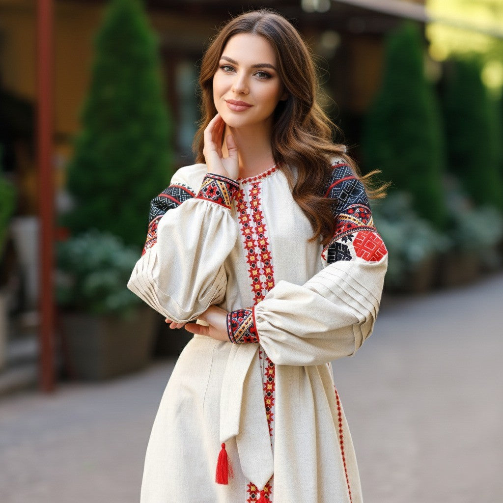 traditional linen vyshyvanka dress with front snap buttons