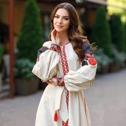 Traditional Linen Vyshyvanka Dress with Front Snap Buttons