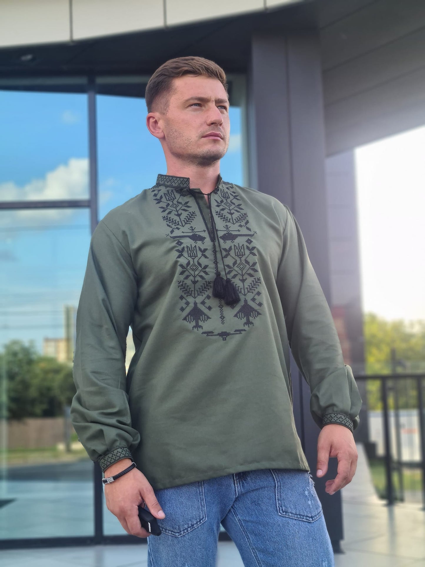 men’s ukrainian vyshyvanka in military style – khaki with black embroidery