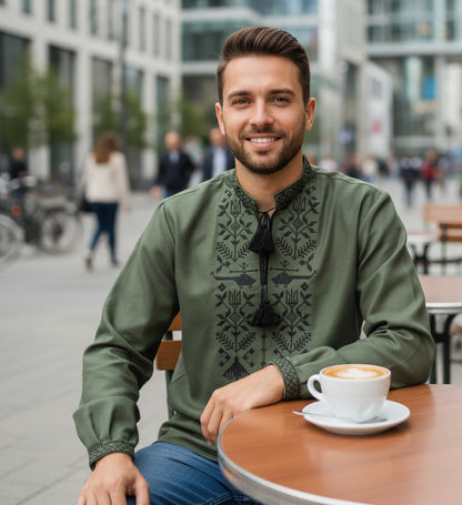 Men’s Ukrainian Vyshyvanka in Military Style – Khaki with Black Embroidery