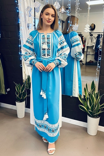 Ukrainian Linen Dress with Embroidery and Lace