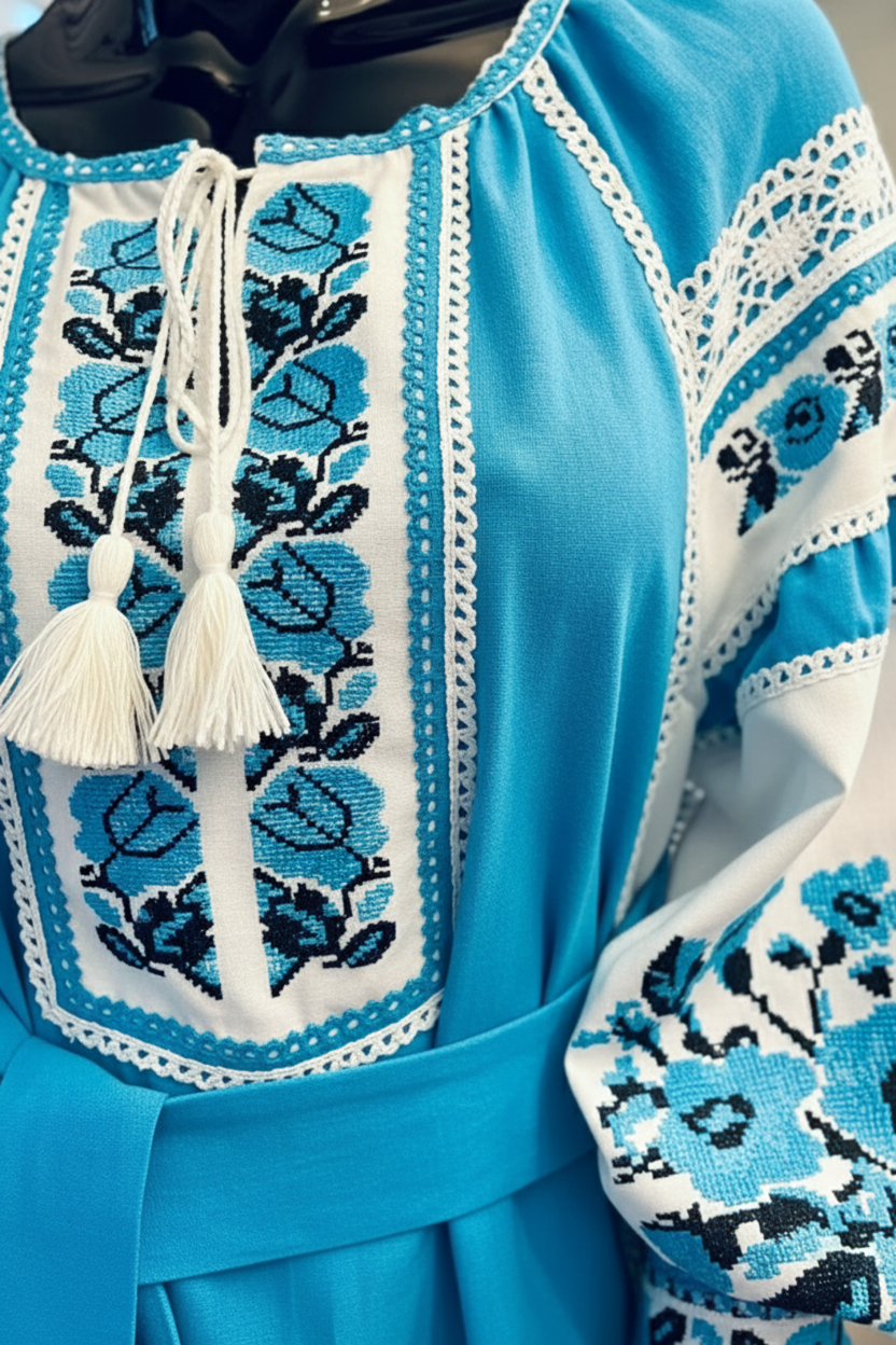 ukrainian linen dress with embroidery and lace