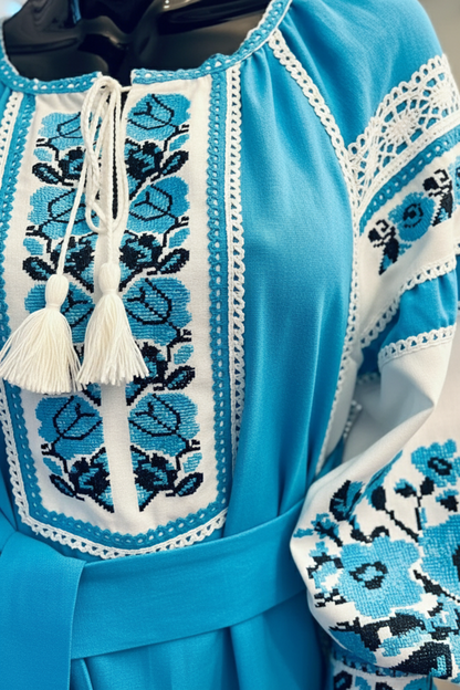 Ukrainian Linen Dress with Embroidery and Lace