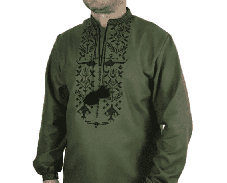 men’s ukrainian vyshyvanka in military style – khaki with black embroidery