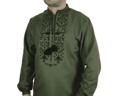 Men’s Ukrainian Vyshyvanka in Military Style – Khaki with Black Embroidery