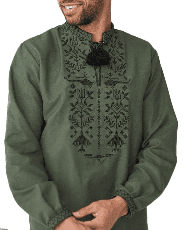men’s ukrainian vyshyvanka in military style – khaki with black embroidery