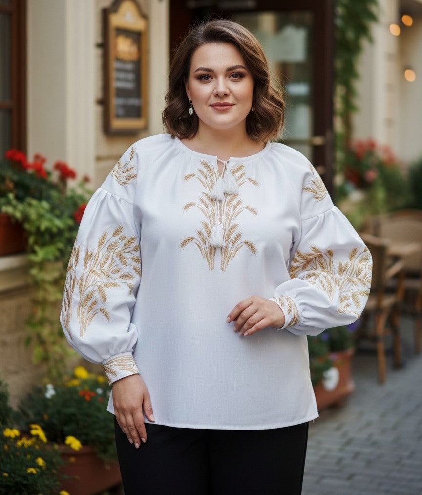 women's linen vyshyvanka with golden wheat pattern