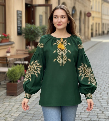 Women's Linen Vyshyvanka with Golden Wheat Pattern