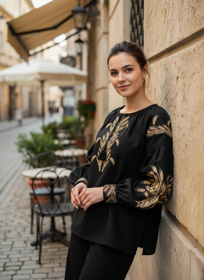 Women's Linen Vyshyvanka with Golden Wheat Pattern